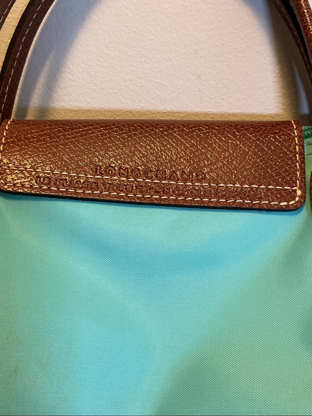 Longchamp Turquoise Nylon Le Pliage Tote with Brown Leather Trim - Picture 3 of 14